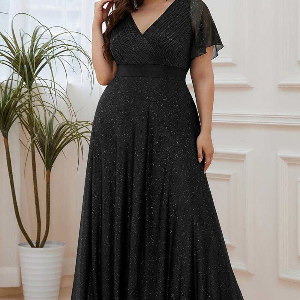 Ever Pretty Sparkling Short Sleeve V-Neck Ribbon Waist A-Line Evening Dress 2XL